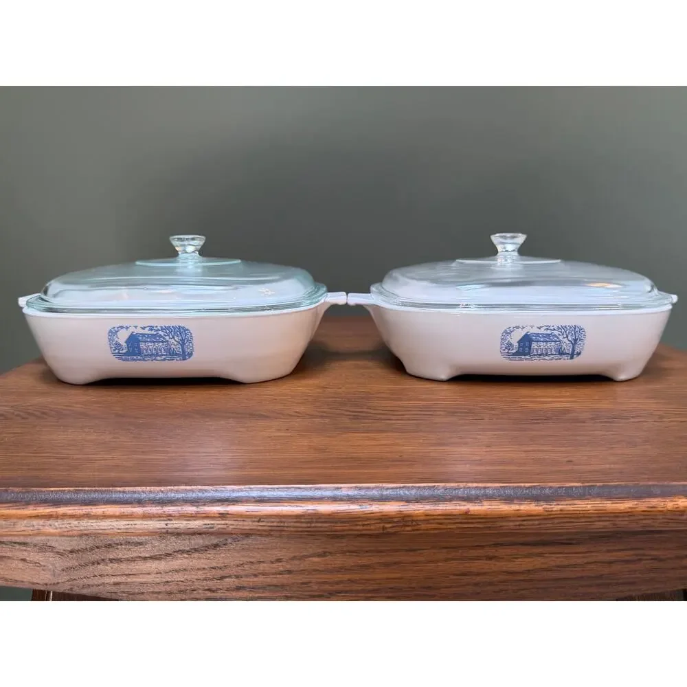 Set of 4 Vintage CorningWare Colonial House 11” Browning Skillets W/ Pyrex Lids